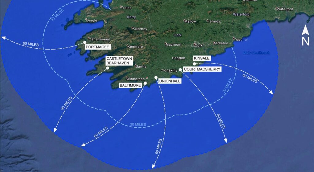 Sea Chart showing the range of charter boat Silver Dawn's 60 mile licence