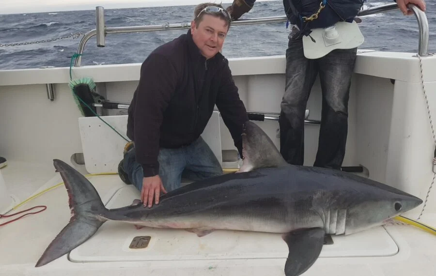 Blue Shark being held on Silver Dawn during a big game angling charter
